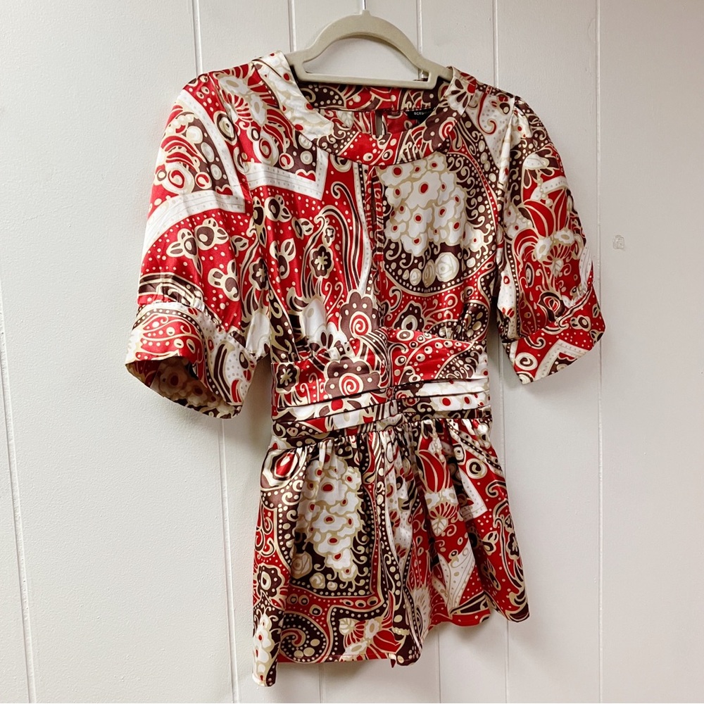 Y2K BCBGMAXAZRIA Floral Blouse Satin Puff Sleeve SZ Medium Whimsical Feminine - Picture 11 of 11
